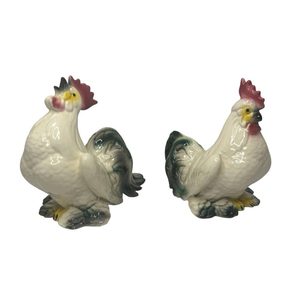 2 Vintage Ceramic Bright Colored Roosters w/ Sweeping Tail Feathers